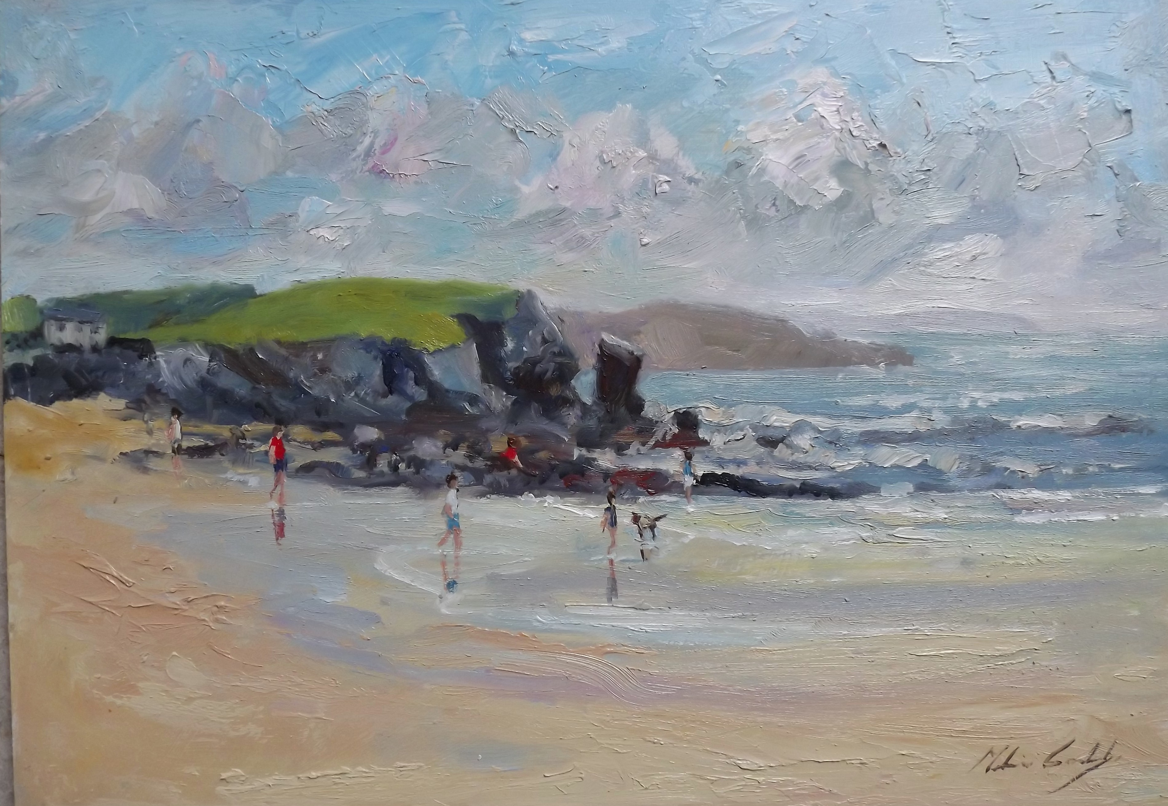view of the beach at Constantine Bay looking into the slight and sparkling wet sand